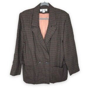 Vintage Bill Blass Wool Double Breasted Herringbone Plaid Blazer Women's 14